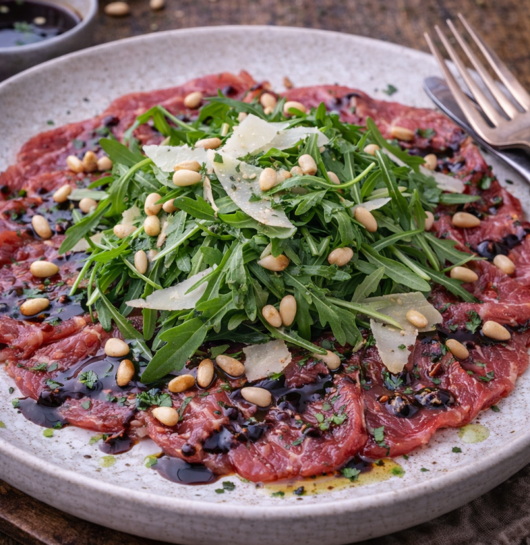 Klassisk oxcarpaccio med ruccola & parmesan Råbiff med ruccola, pinjenötter och parmesan på en grå tallrik.