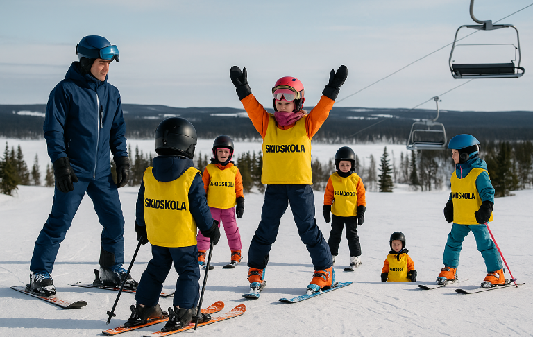 Skidlärare med barn i backen, alla har på sig gula västar och skidutrustning.
