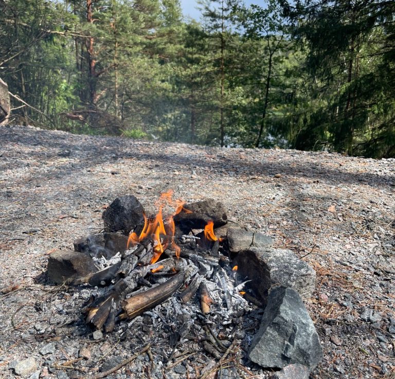 Läge med en brasa på en skogig plats, omgiven av svarta stenar och grönska.