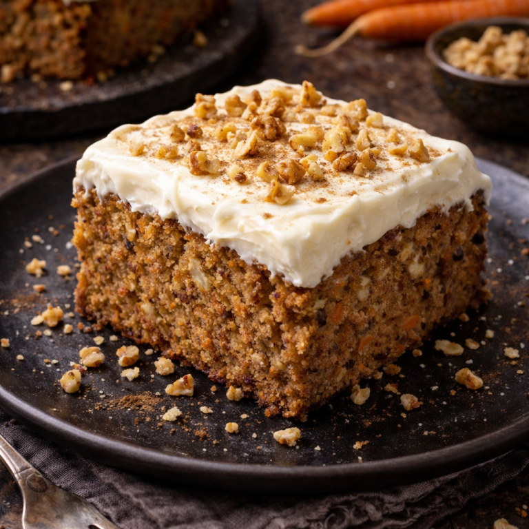 Lyxig morotskaka med frosting och nötter på toppen, serverad på en svart tallrik.