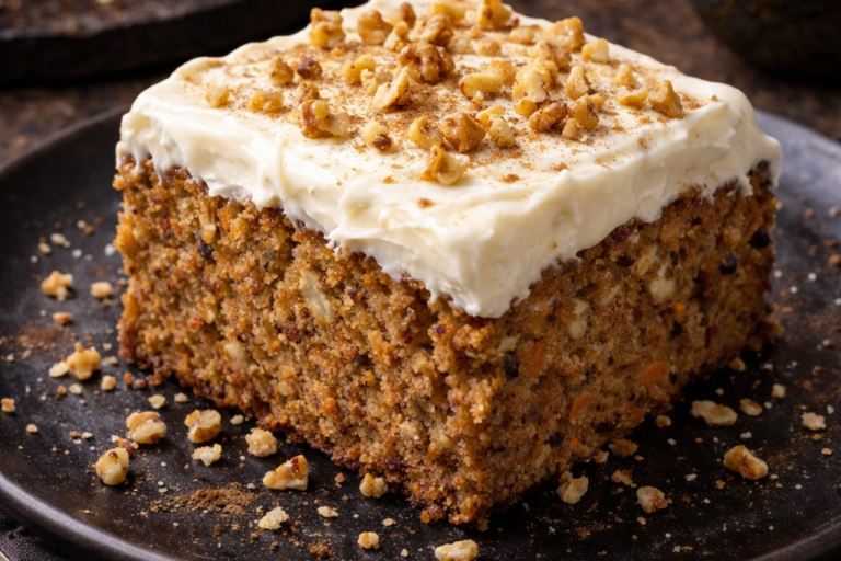 Kärleksfullt dekorerad morotskaka med krämig topping och nötter på ett svart fat.