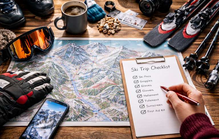 Karta över ett skidområde med checklista, handskar, glasögon och en kopp kaffe.