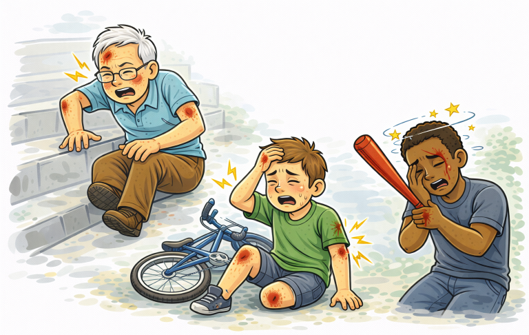 En man och två pojkar med skador, en pojke gråter bredvid en cykel. En pojke håller i en basebollträ.