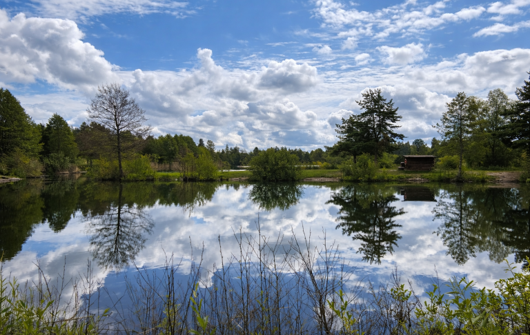 Lugn sjö med spegelblanka moln och grönska runt omkring.
