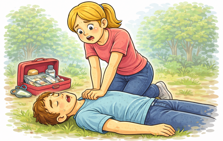 En kvinna utför hjärt-lungräddning på en man som ligger medvetandlös. En första hjälpen-väska är närvarande.
