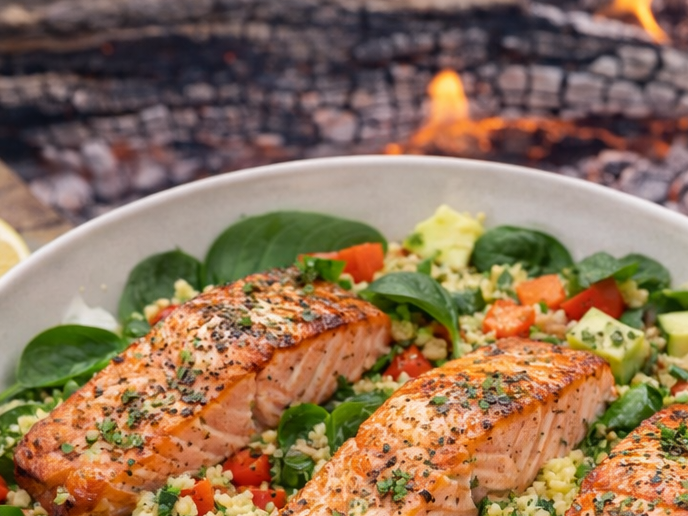 Grillad laxfilé på en bädd av spenat och grönsaksbulgur.