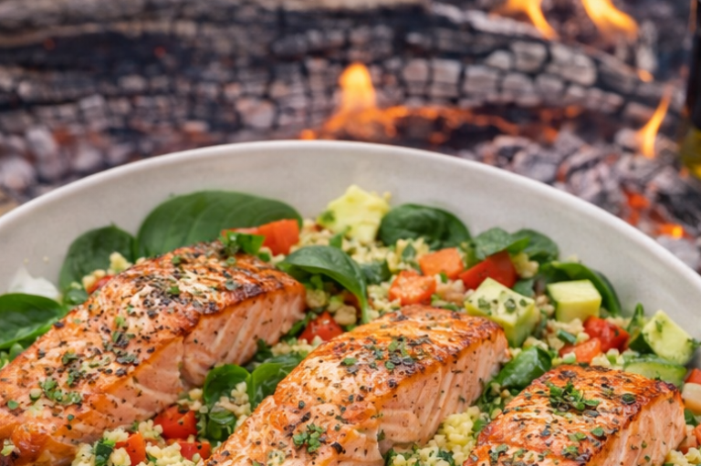 Grillad lax på en bädd av grönsallad och couscous, med brasa i bakgrunden.