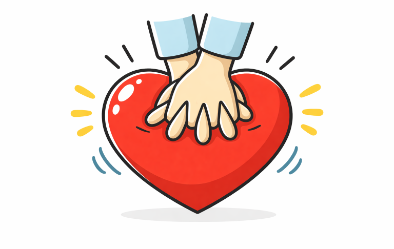 Två händer placerade på ett rött hjärta med strålar som symboliserar värme och omtanke.
