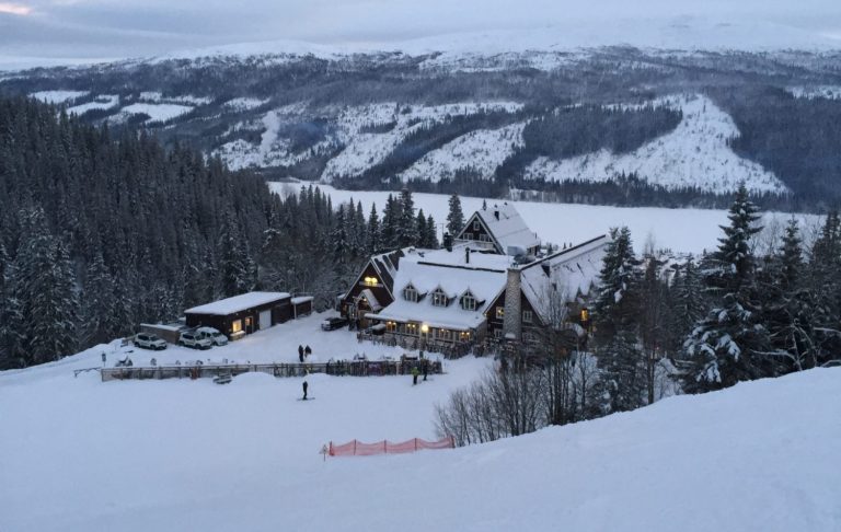 Fjällstuga omgiven av snö och träd i en vinterlandskap.