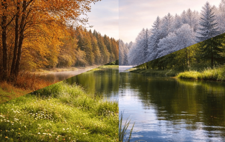 Delad vy av en flod med höst- och vinterlandskap på vardera sidan.