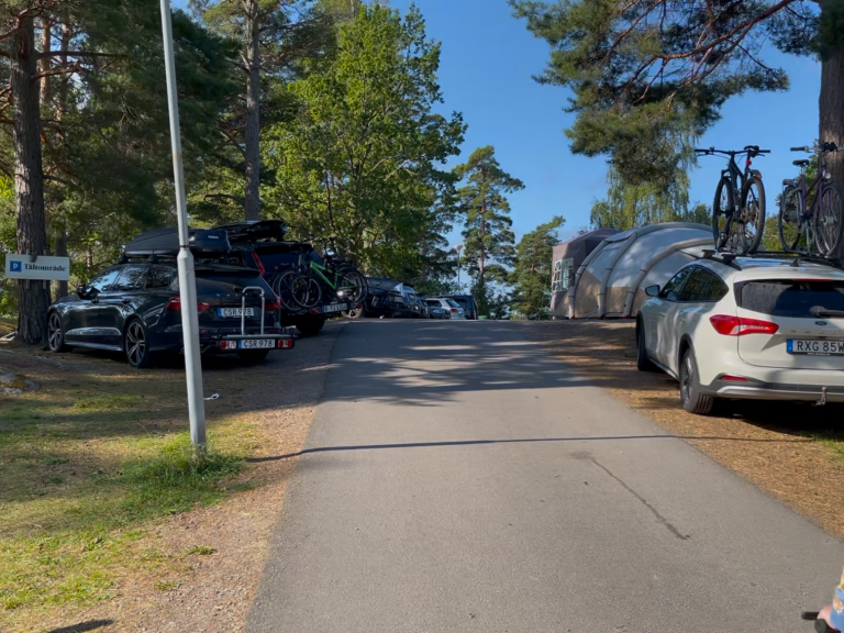 Cyklar parkeras på en grusväg omgiven av träd och bilar vid en vattenkant.