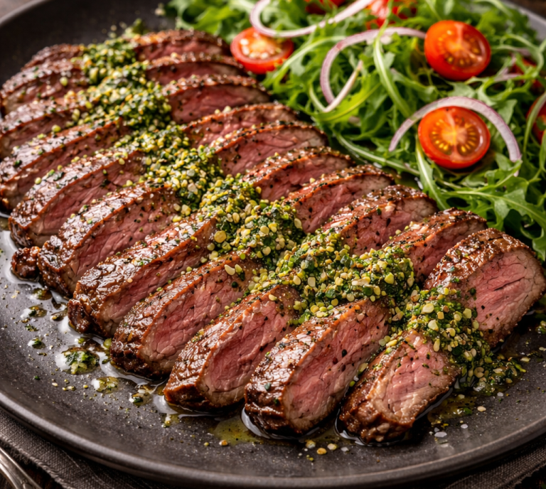 Skivad biff med grönsallad och körsbärstomater, garnerad med örtkryddor.