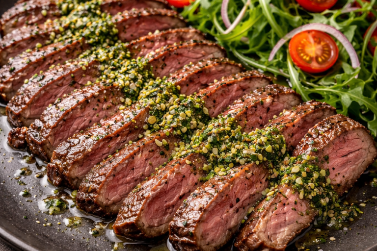 Skivor av grillad biff med grön sallad och körsbärstomater.