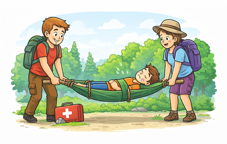 Två personer bär en pojke i en bår med en första hjälpen-väska bredvid.