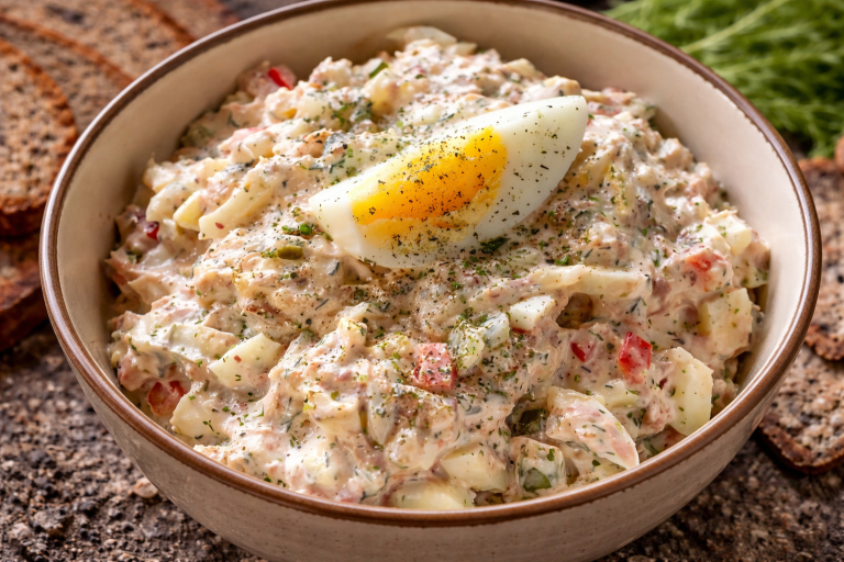 Krämig potatis- och äggsallad med grönsaker och kryddor, serverad i skål.