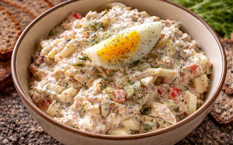 Krämig potatis- och äggsallad med grönsaker och kryddor, serverad i skål.