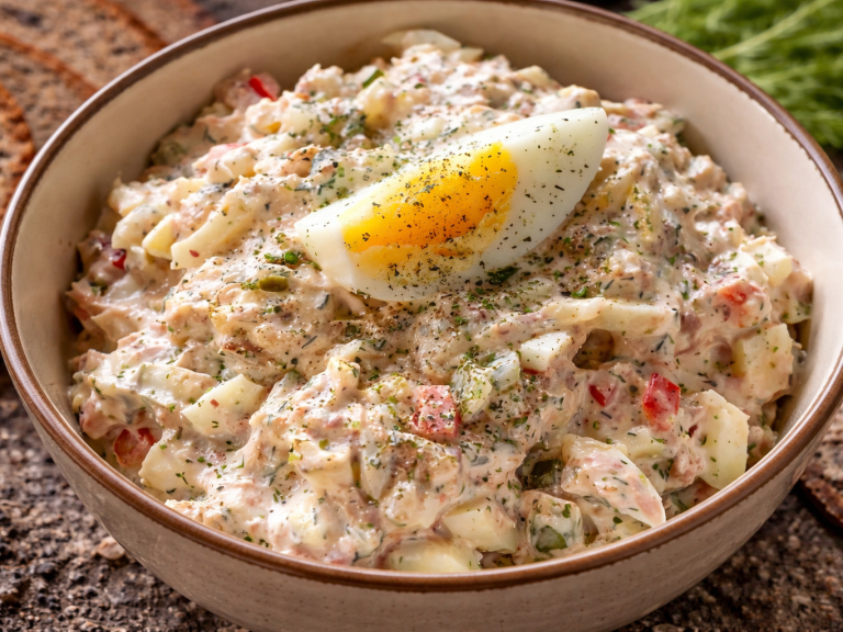 Skål med majonnäsbaserad sallad med ägg och grönsaker.