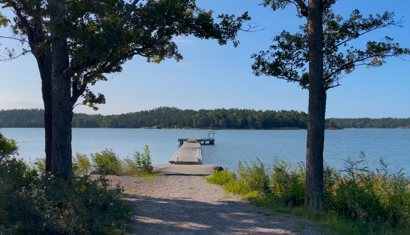 Badbryggan med hopptorn Brygga vid vattnet omgiven av grönska och träd, med klart blå himmel bakom.