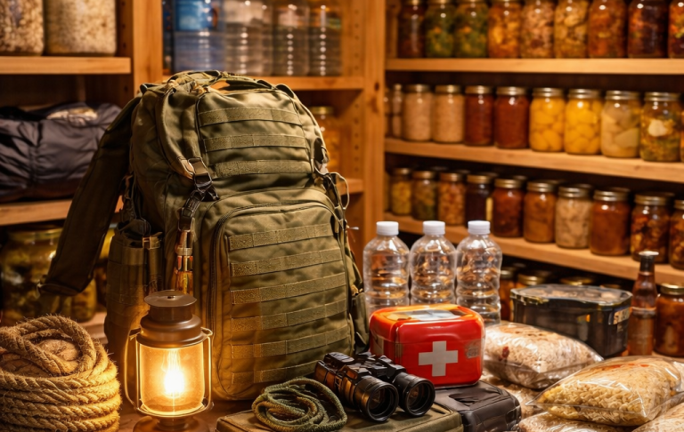 En ryggsäck står framför hyllor med konserverad mat och flaskor med vatten.