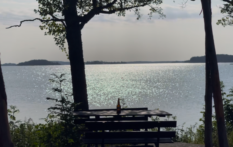 Bord vid vattnet med reflektioner, omgiven av träd och stilla landskap.