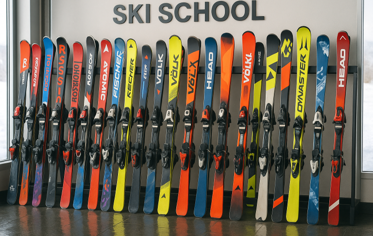 Samarbete av färgglada skidor organiserade i en rad för skidskola.