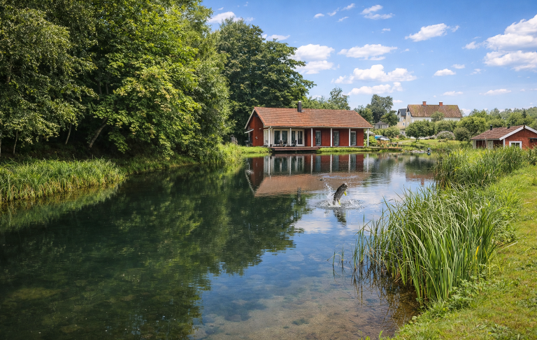 Röd stuga vid en stilla sjö omgiven av grönska och blå himmel med moln.