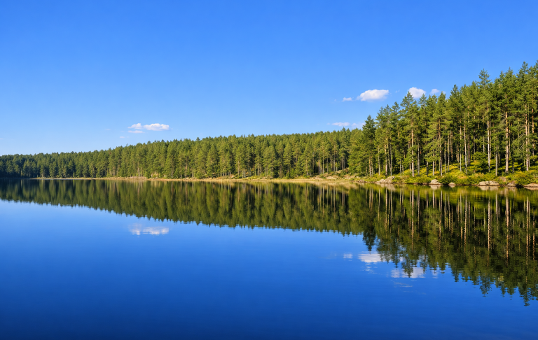 Spegelblanka sjö med grönskande skog och klar blå himmel.