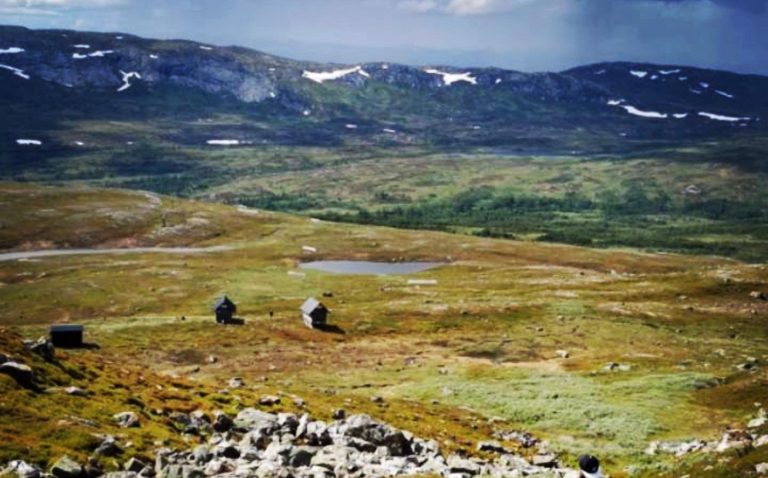 Vidsträckt fjällandskap med grönslitna ängar och små vattenpölar. Snö på fjälltoppar.