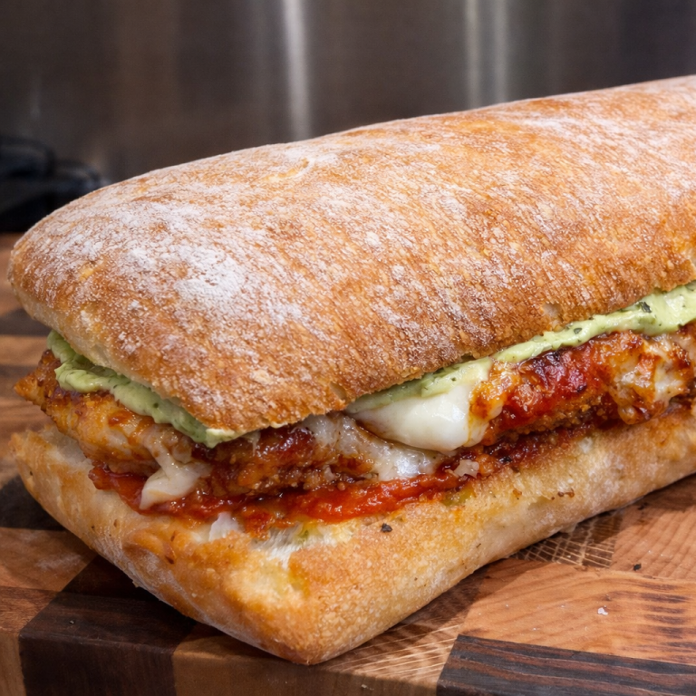 Ciabatta-sandwich med panerad kyckling, ost och grön avokado-röra.