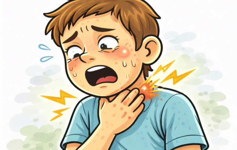 En kille ser orolig ut och håller sig om halsen med smärta.