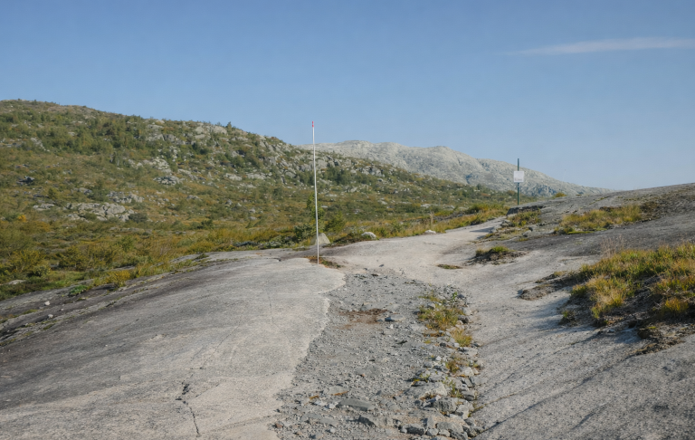 Landskap med släta stenar och fjäll i bakgrunden under en klarblå himmel.