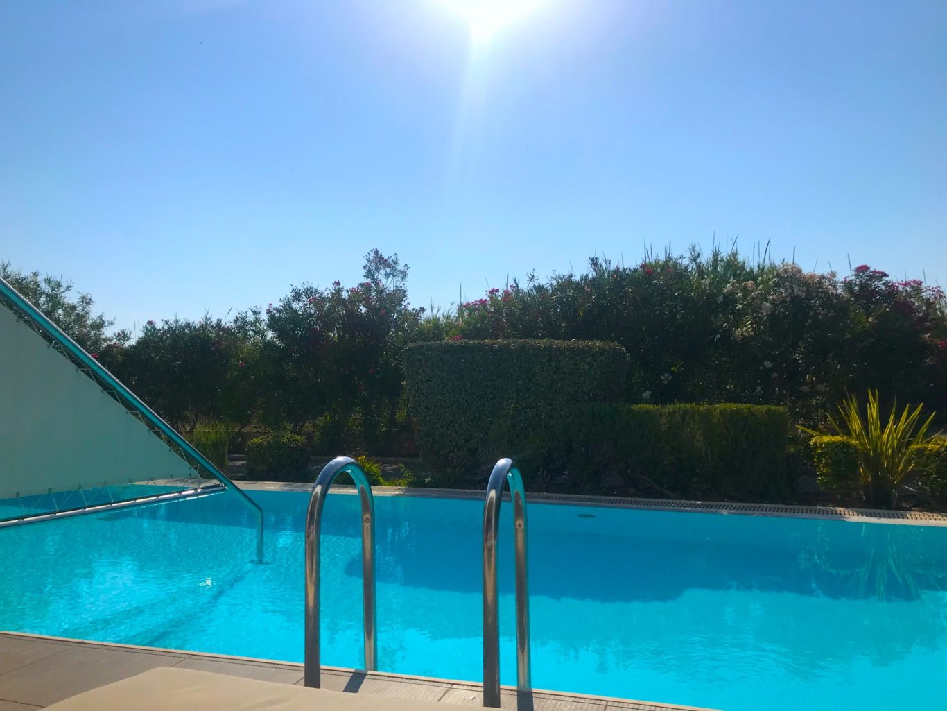 Poolen Blå pool med stege under en klar himmel och sol, omgiven av grönskande växtlighet.