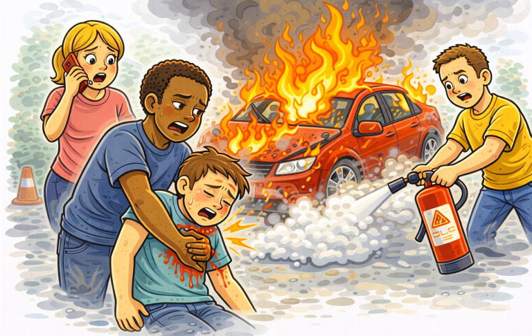 En brandman släcker en bilbrand medan en person hjälper en skadad pojke.