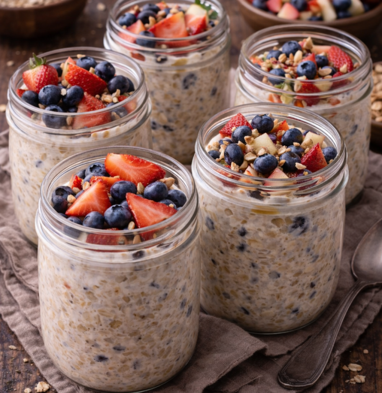 Fem glasburkar med havregryn, jordgubbar och blåbär på en mörk yta.