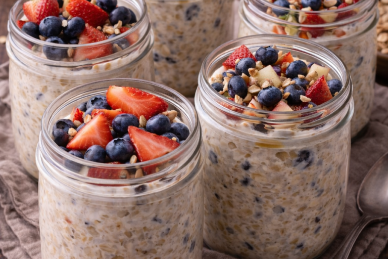 Havregryn i glasburkar toppade med jordgubbar, blåbär och nötter.