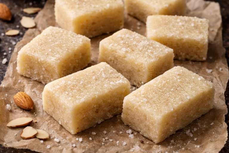 Sju bitar mjuk mandelmassa på bakplåtspapper, dekorerade med mandelflarn.