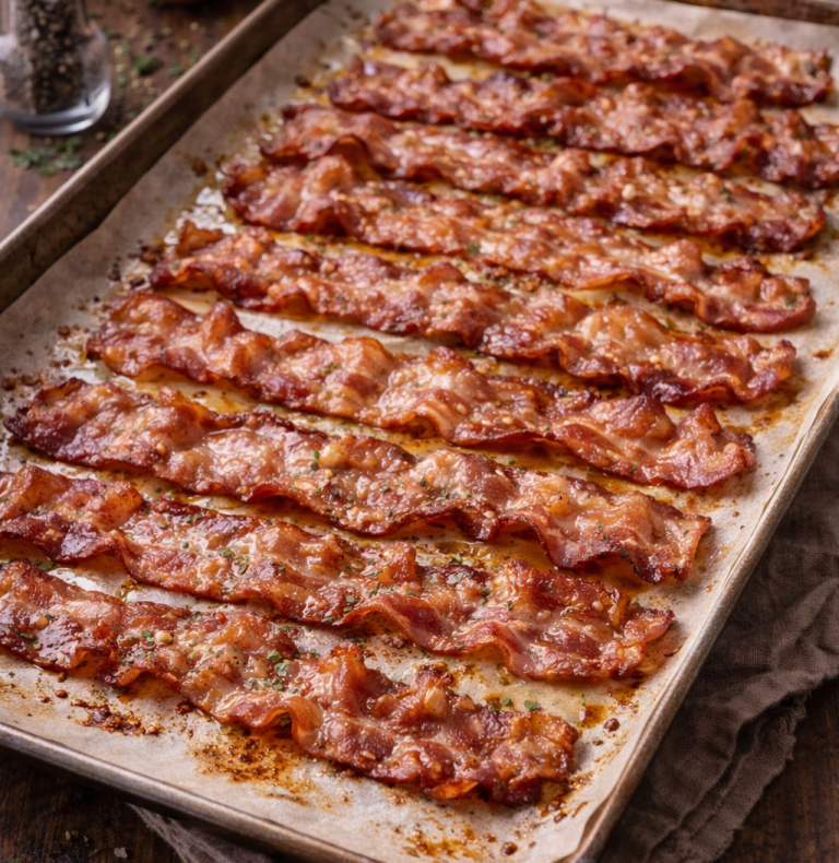 Krispig bacon i långa remsor på en plåt med kryddor.