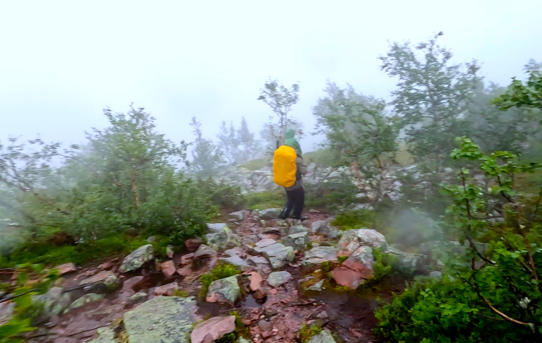 Person med ryggsäck står på stenig stig omgiven av dimma och grönska läng en vandringsled.