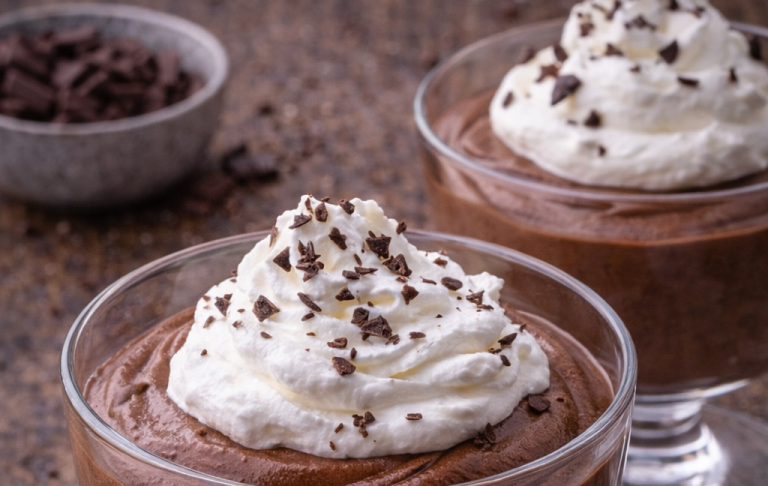 Två skålar med chokladmousse toppad med vispgrädde och chokladspån.