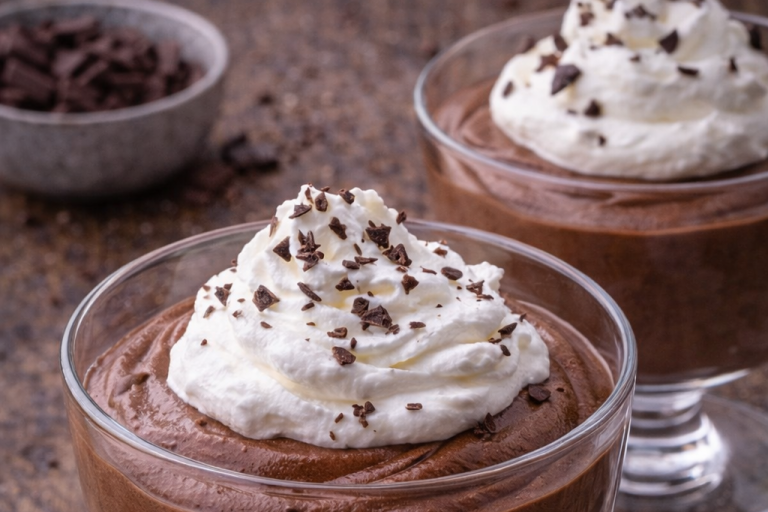 Mousse med grädde och chokladspån i glas.