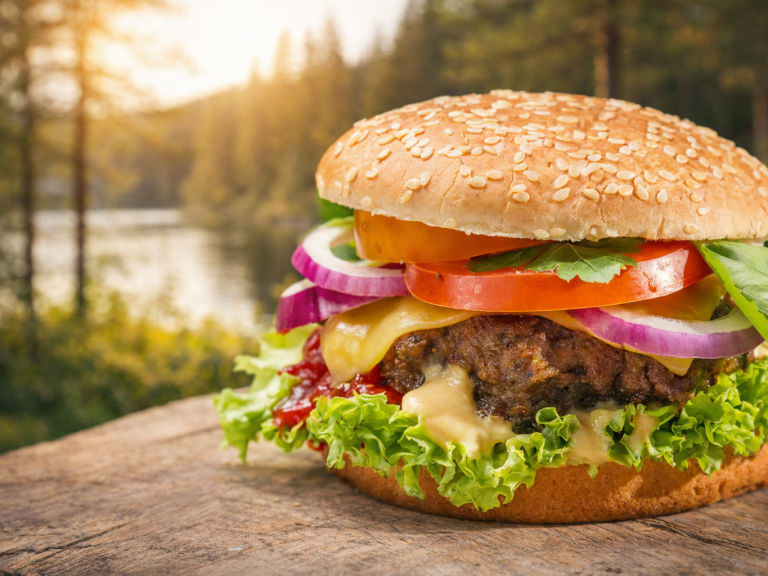 Saftig hamburgare med ost, grönsaker och sesambröd, omgiven av natur.
