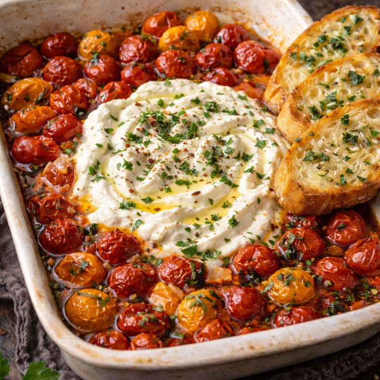 Gratinerade tomater med krämig ost och rostat bröd, garnerat med örter.