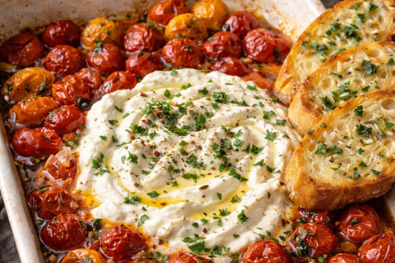 Ugnsbakade körsbärstomater med krämig ost och rostat bröd, garnerad med örter.
