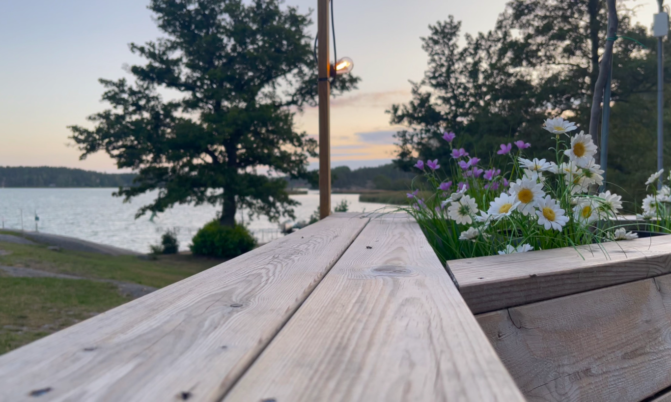 Algots på Udden Bänk i trä med blommor, utsikt över sjö och träd vid skymning.