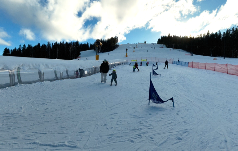 Skidåkare på snöig backe med blå skyltar och träd i bakgrunden.