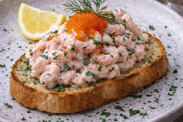 Räkröra på rostat bröd, garnerat med dill och citronskiva.