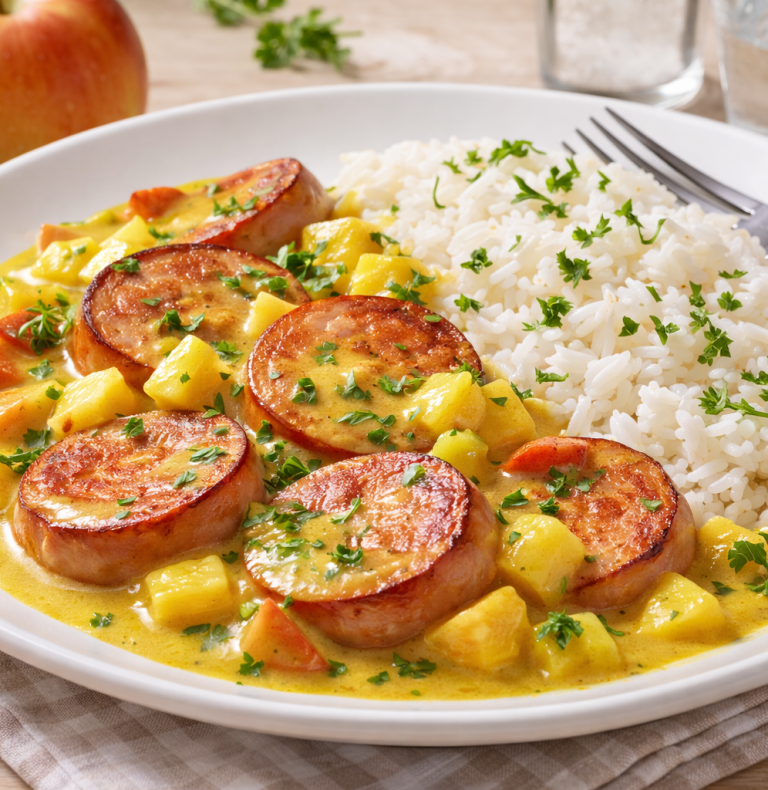 Kryddig korv med mango och ris, toppad med grönsaker och persilja.