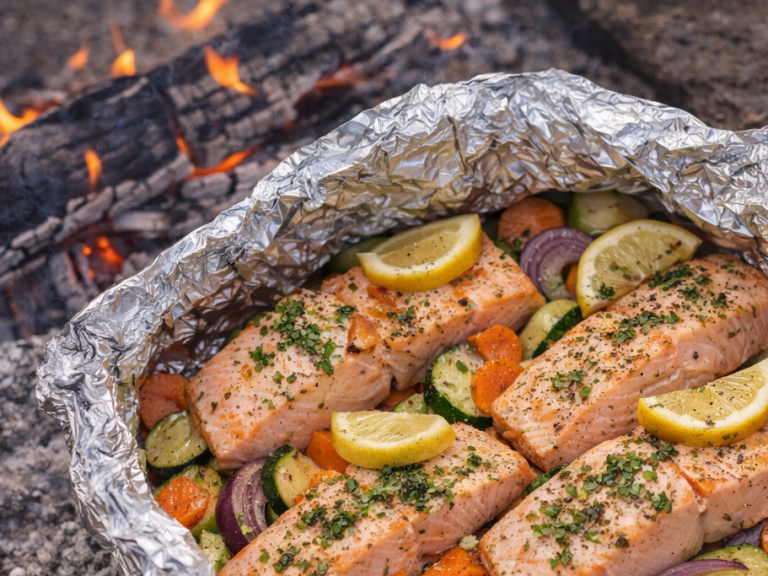 Grillad lax med citronskivor och grönsaker i folie.