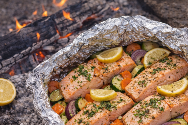 Grillad lax med citron och grönsaker i folie, nära en eld.