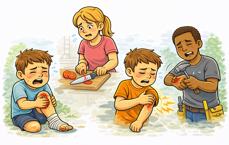 Barn som gråter över skador, en vuxen som lagar mat i bakgrunden.